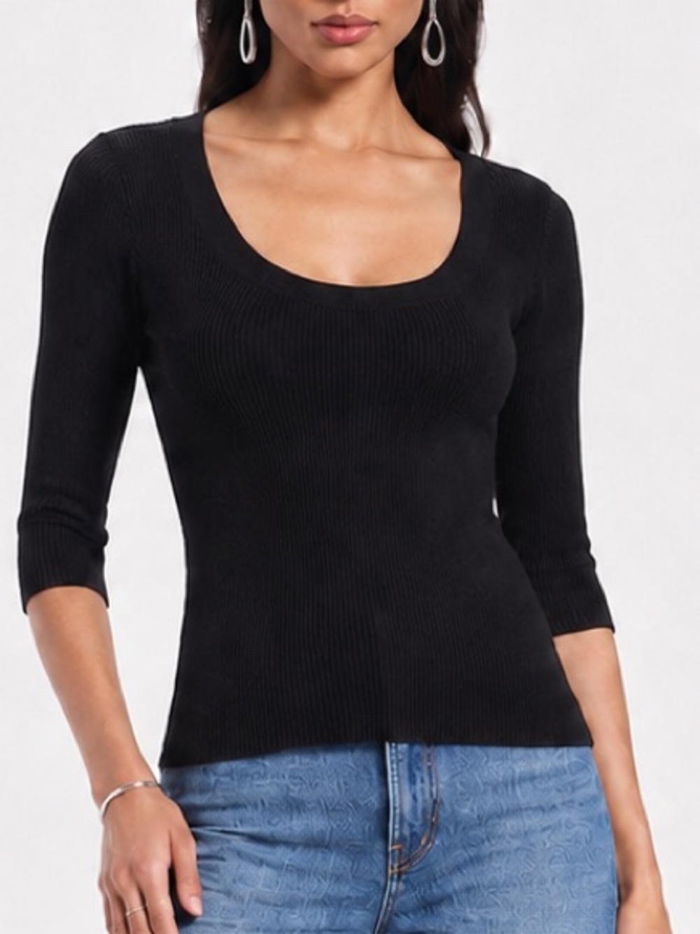 KARL LAGERFELD PARIS Black Ribbed Scoop Neck 3/4 Sleeve Top Women’s Size Small